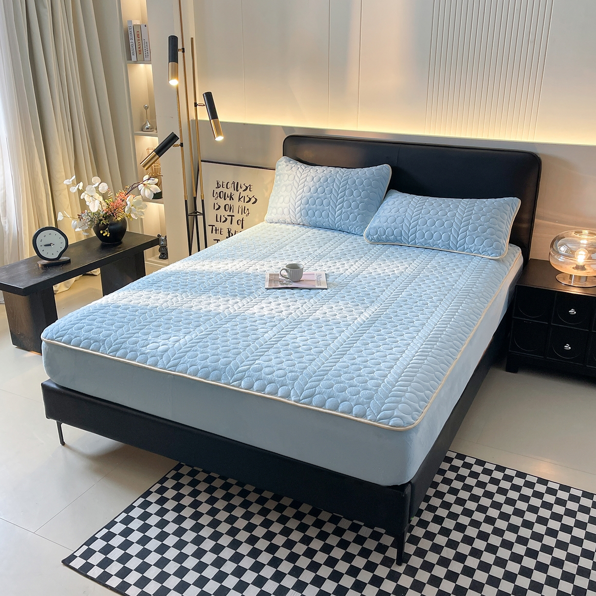 91家纺网 家纺一手货源 找家纺 希廷顿 2025新款速热水晶绒床笠 天空蓝