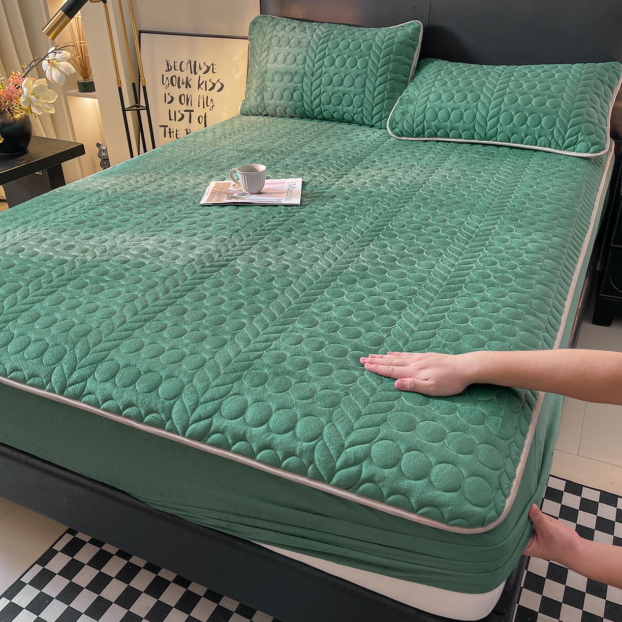 希廷顿 2025新款速热水晶绒床笠 墨绿色