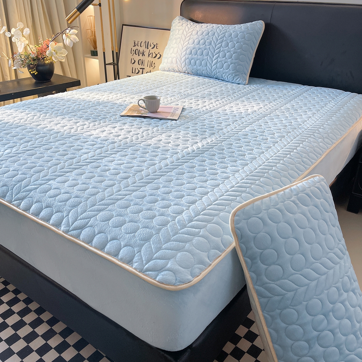 91家纺网 家纺一手货源 找家纺 希廷顿 2025新款速热水晶绒床笠 天空蓝