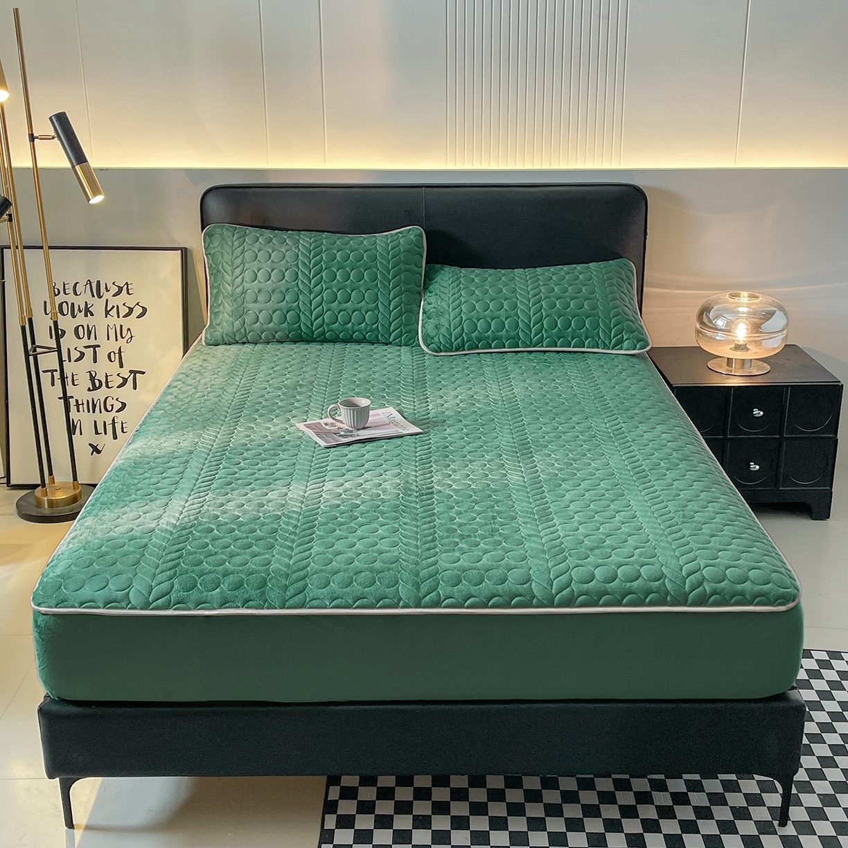 91家纺网 家纺一手货源 找家纺 希廷顿 2025新款速热水晶绒床笠 墨绿色