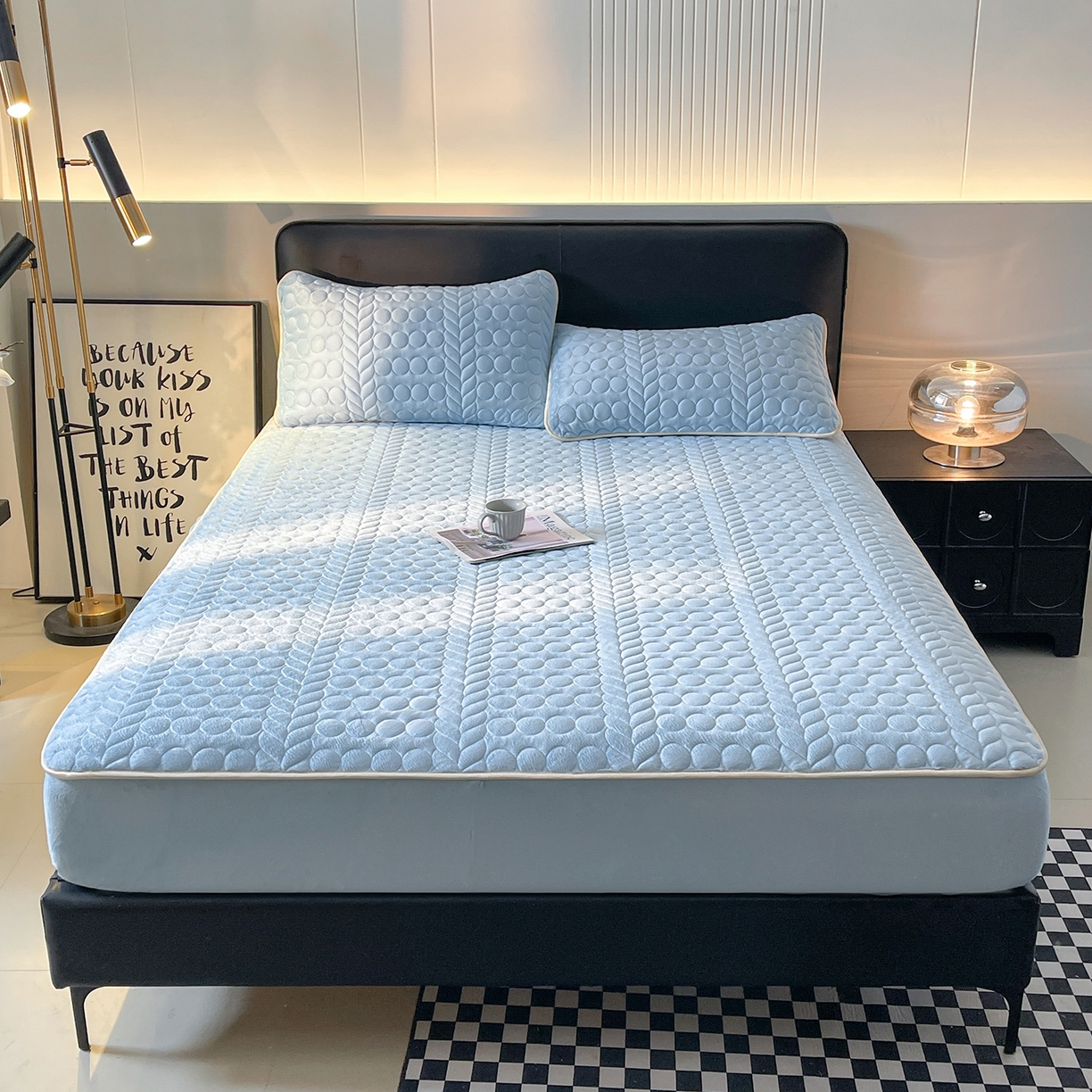 91家纺网 家纺一手货源 找家纺 希廷顿 2025新款速热水晶绒床笠 天空蓝