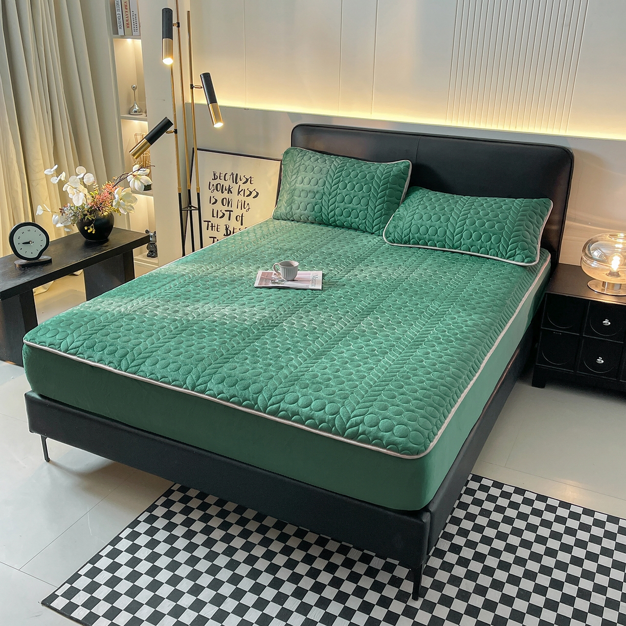 91家纺网 家纺一手货源 找家纺 希廷顿 2025新款速热水晶绒床笠 墨绿色