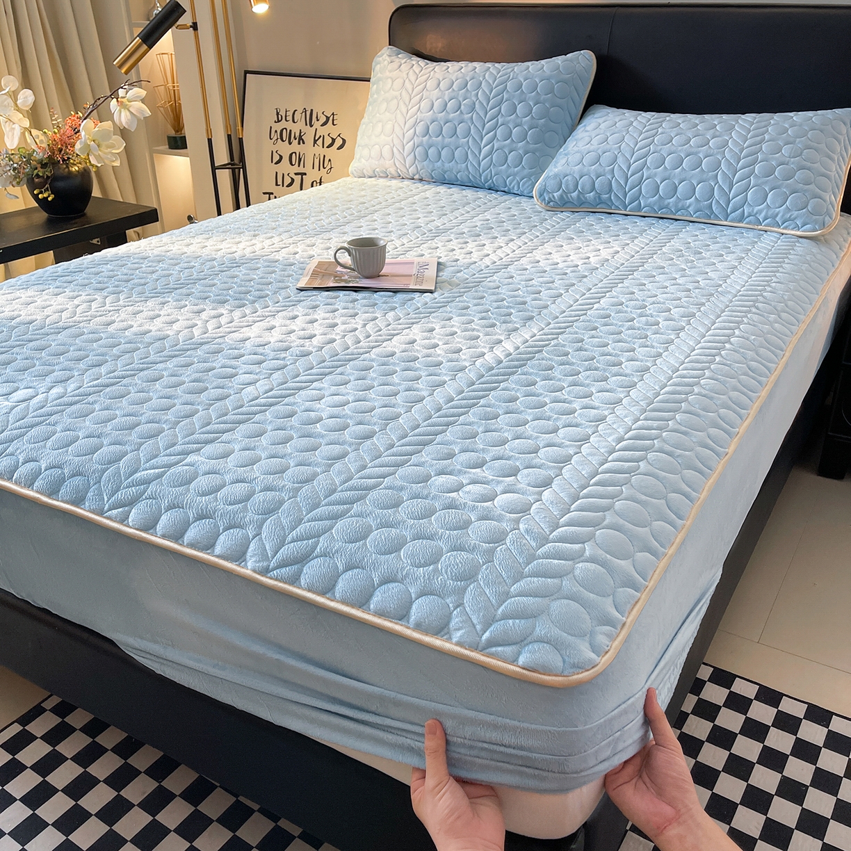 91家纺网 家纺一手货源 找家纺 希廷顿 2025新款速热水晶绒床笠 天空蓝