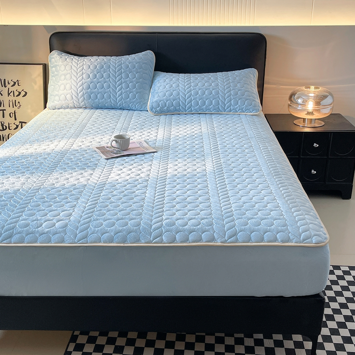 91家纺网 家纺一手货源 找家纺 希廷顿 2025新款速热水晶绒床笠 天空蓝