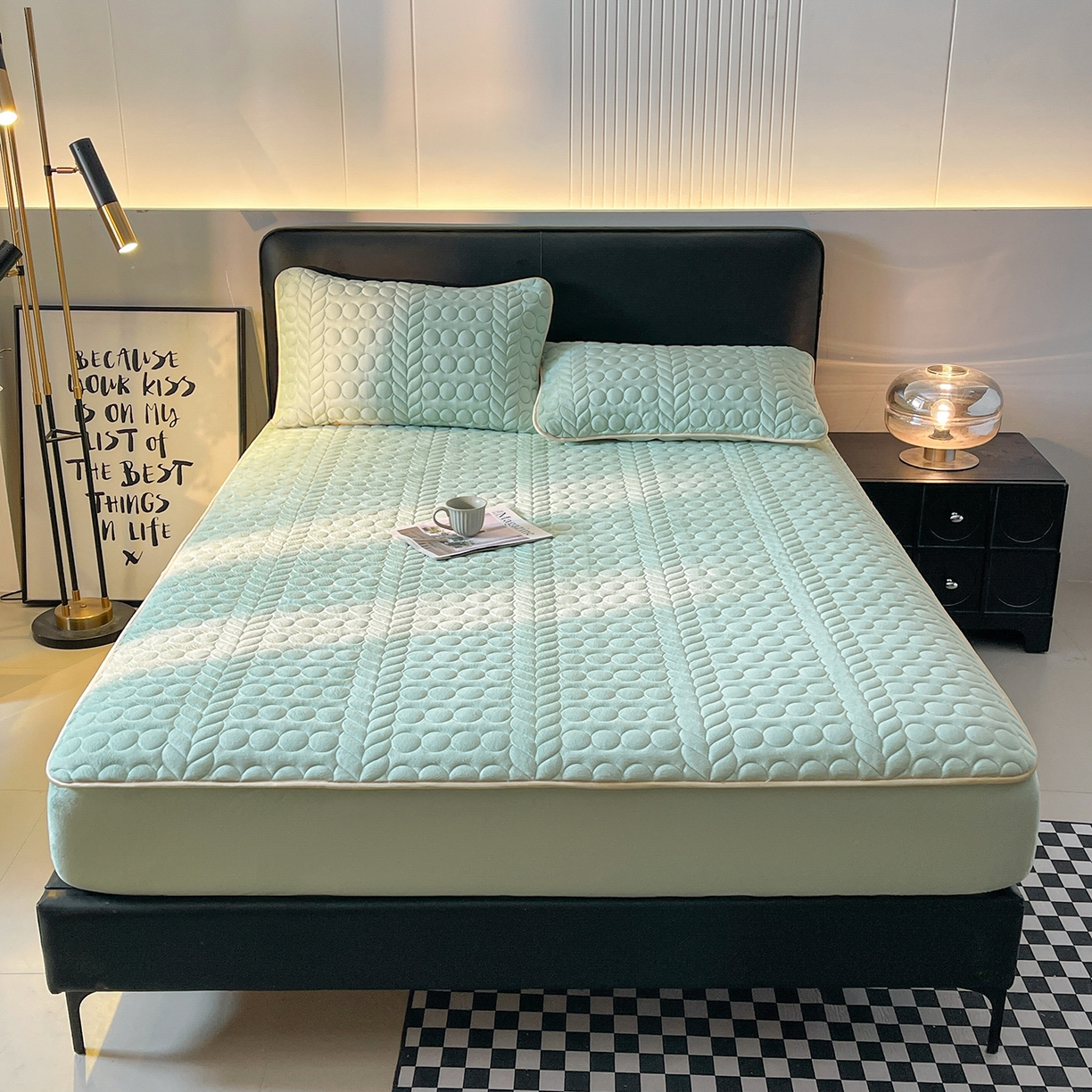 91家纺网 家纺一手货源 找家纺 希廷顿 2025新款速热水晶绒床笠 薄荷绿