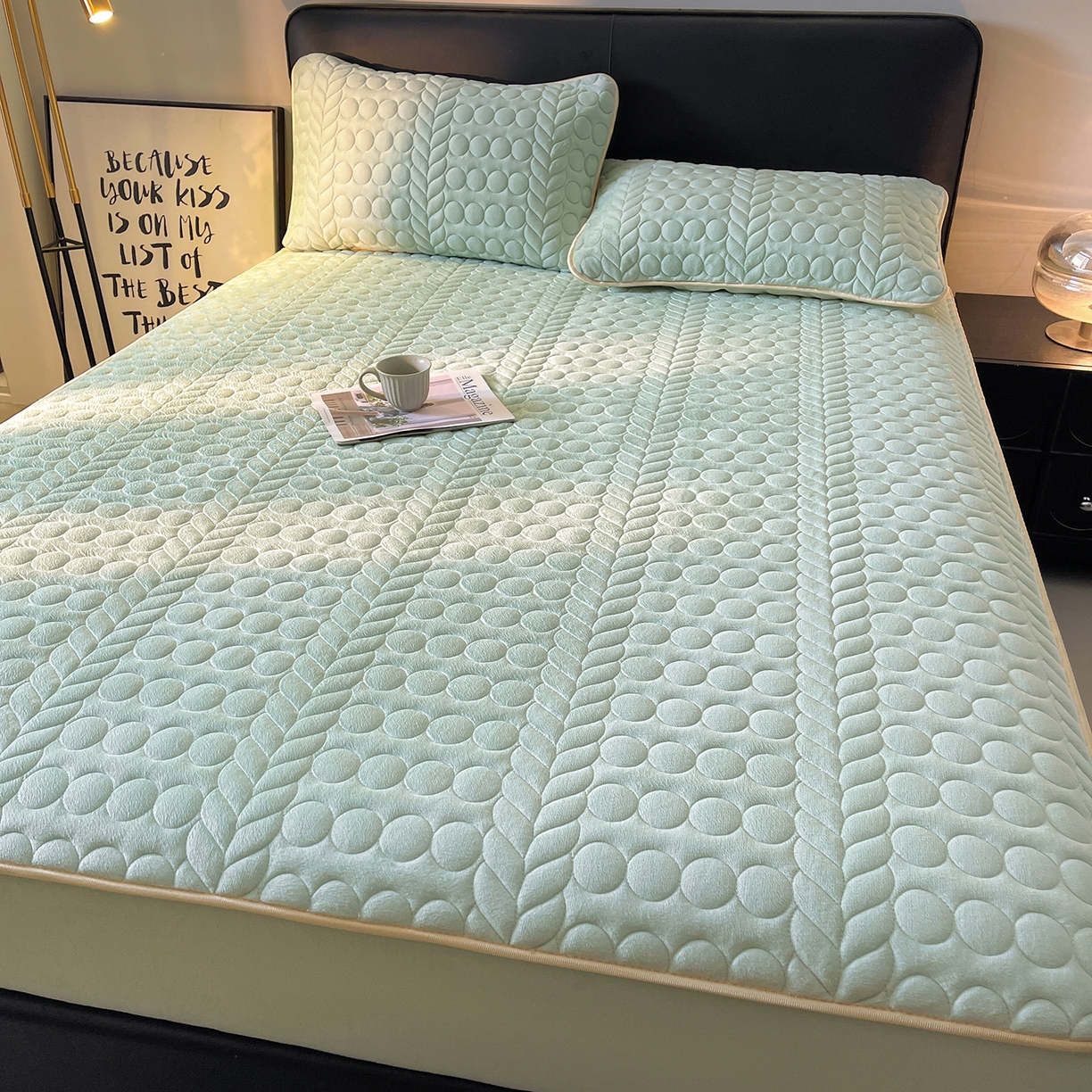 91家纺网 家纺一手货源 找家纺 希廷顿 2025新款速热水晶绒床笠 薄荷绿