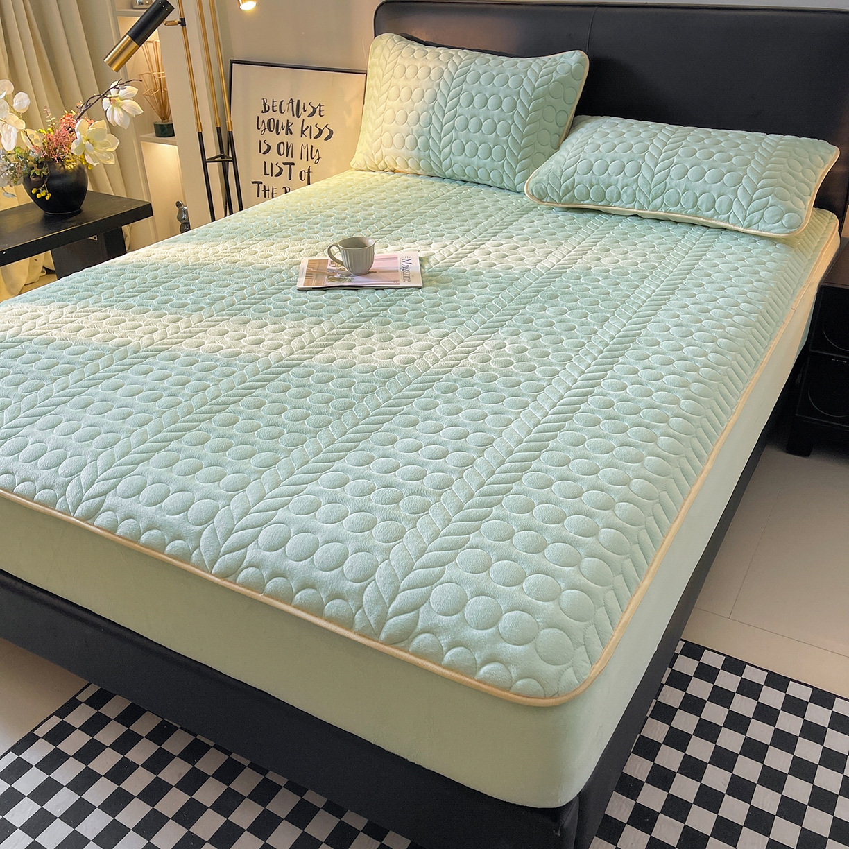 91家纺网 家纺一手货源 找家纺 希廷顿 2025新款速热水晶绒床笠 薄荷绿