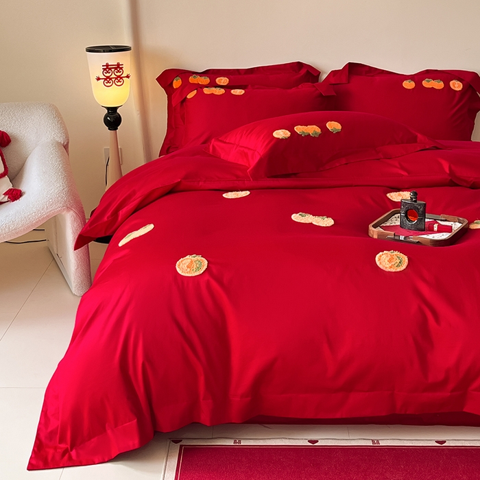 91家纺网 家纺一手货源 找家纺 置顶家纺 2025新款亲肤磨毛刺绣婚庆四件套系列-实拍 喜事连连-大红