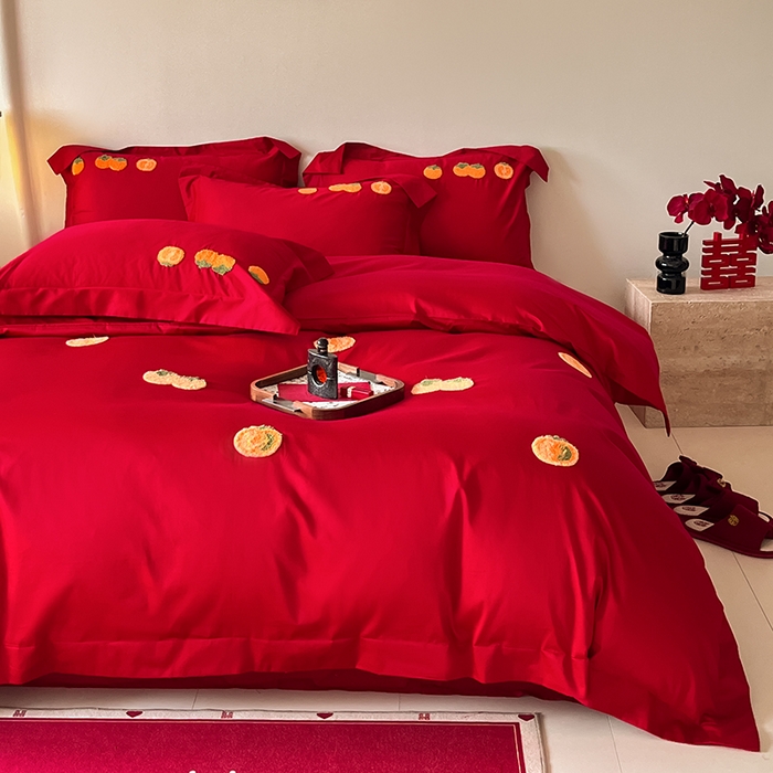 91家纺网 家纺一手货源 找家纺 置顶家纺 2025新款亲肤磨毛刺绣婚庆四件套系列-实拍 喜事连连-大红