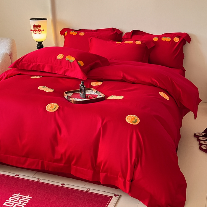 91家纺网 家纺一手货源 找家纺 置顶家纺 2025新款亲肤磨毛刺绣婚庆四件套系列-实拍 喜事连连-大红