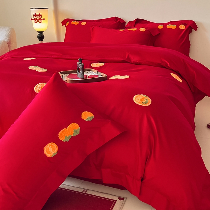 91家纺网 家纺一手货源 找家纺 置顶家纺 2025新款亲肤磨毛刺绣婚庆四件套系列-实拍 喜事连连-大红