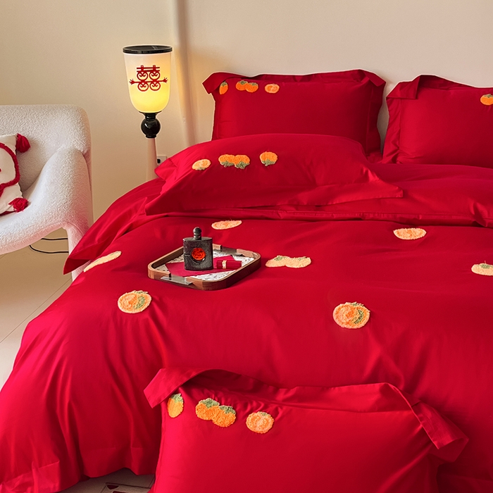 91家纺网 家纺一手货源 找家纺 置顶家纺 2025新款亲肤磨毛刺绣婚庆四件套系列-实拍 喜事连连-大红