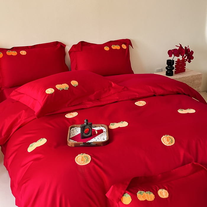 91家纺网 家纺一手货源 找家纺 置顶家纺 2025新款亲肤磨毛刺绣婚庆四件套系列-实拍 喜事连连-大红