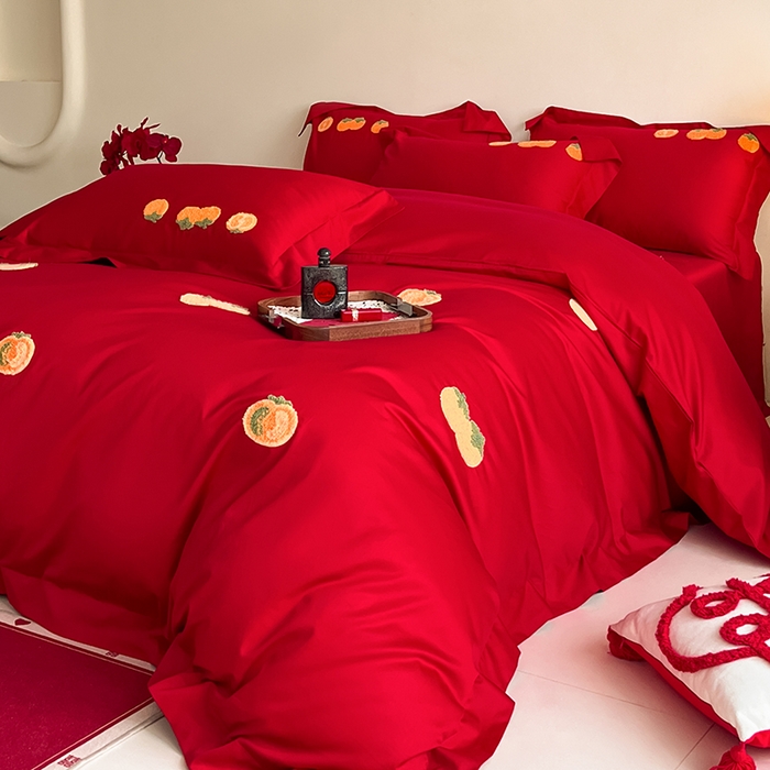 91家纺网 家纺一手货源 找家纺 置顶家纺 2025新款亲肤磨毛刺绣婚庆四件套系列-实拍 喜事连连-大红