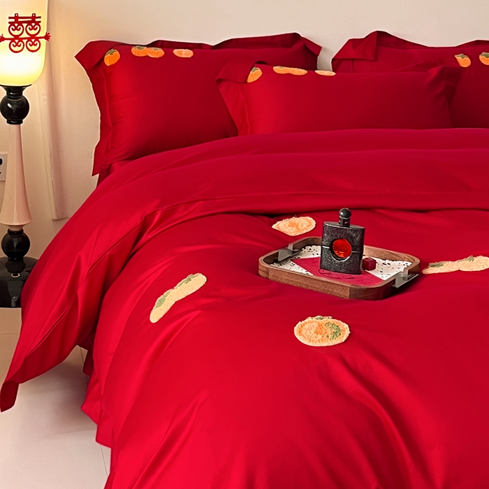 91家纺网 家纺一手货源 找家纺 置顶家纺 2025新款亲肤磨毛刺绣婚庆四件套系列-实拍 喜事连连-大红