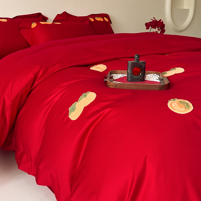 91家纺网 家纺一手货源 找家纺 置顶家纺 2025新款亲肤磨毛刺绣婚庆四件套系列-实拍 喜事连连-大红