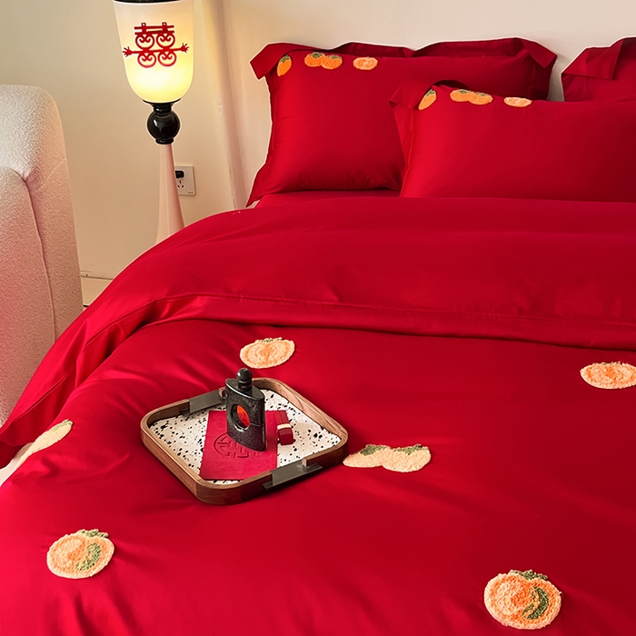 91家纺网 家纺一手货源 找家纺 置顶家纺 2025新款亲肤磨毛刺绣婚庆四件套系列-实拍 喜事连连-大红