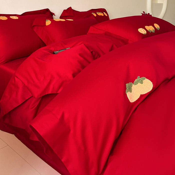 91家纺网 家纺一手货源 找家纺 置顶家纺 2025新款亲肤磨毛刺绣婚庆四件套系列-实拍 喜事连连-大红