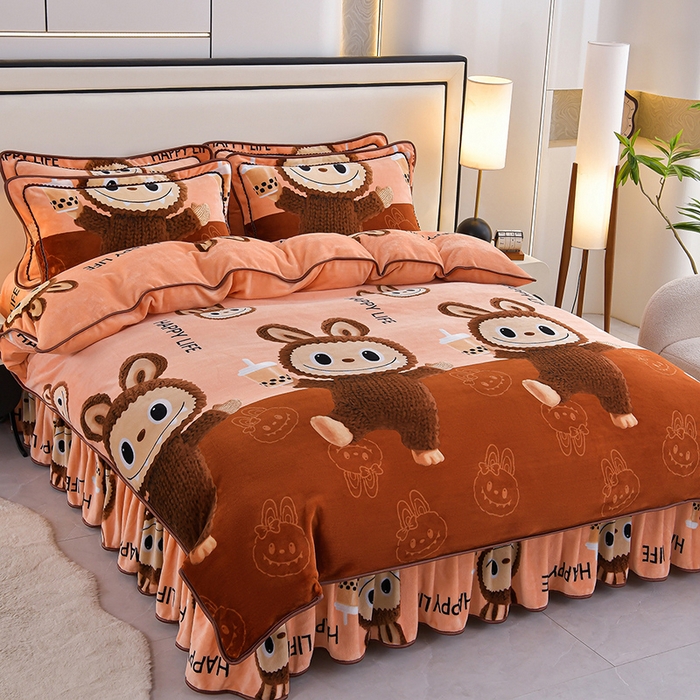 91家纺网 家纺一手货源 找家纺 2025新款230克8.5斤加厚高克重牛奶绒金貂绒法莱绒四件套冬季加绒法兰绒床裙款拉布布