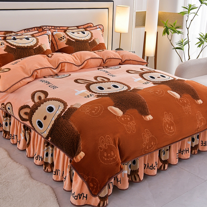 91家纺网 家纺一手货源 找家纺 2025新款230克8.5斤加厚高克重牛奶绒金貂绒法莱绒四件套冬季加绒法兰绒床裙款拉布布