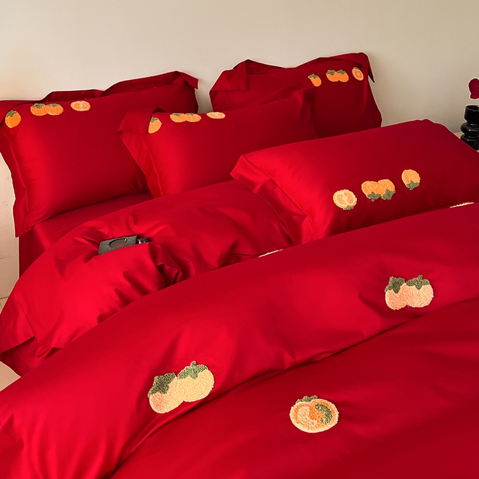 91家纺网 家纺一手货源 找家纺 置顶家纺 2025新款亲肤磨毛刺绣婚庆四件套系列-实拍 喜事连连-大红