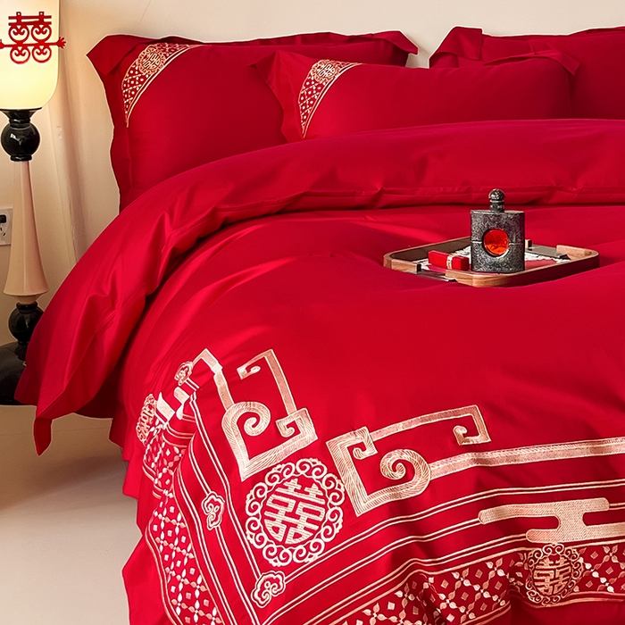 91家纺网 家纺一手货源 找家纺 置顶家纺 2025新款亲肤磨毛刺绣婚庆四件套系列-实拍 囍结良缘-大红