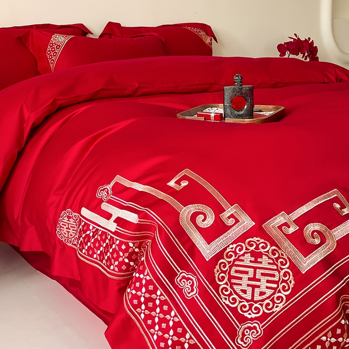 91家纺网 家纺一手货源 找家纺 置顶家纺 2025新款亲肤磨毛刺绣婚庆四件套系列-实拍 囍结良缘-大红