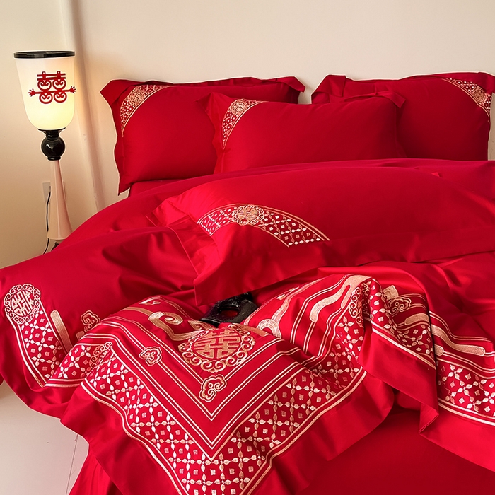 91家纺网 家纺一手货源 找家纺 置顶家纺 2025新款亲肤磨毛刺绣婚庆四件套系列-实拍 囍结良缘-大红