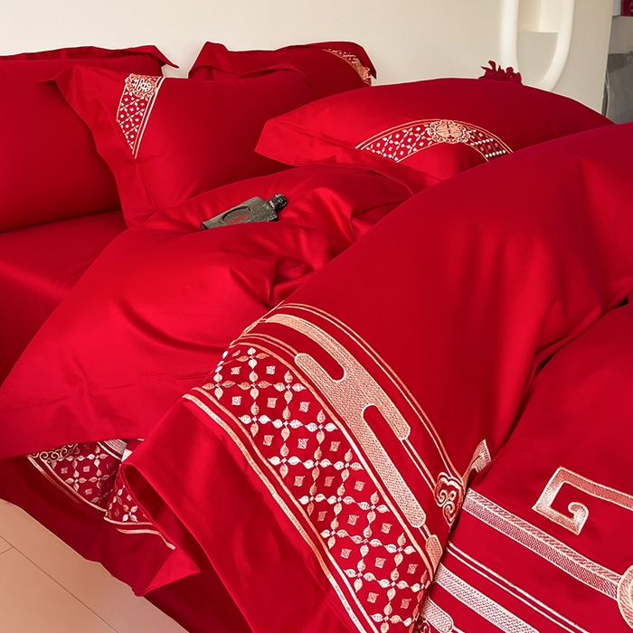 91家纺网 家纺一手货源 找家纺 置顶家纺 2025新款亲肤磨毛刺绣婚庆四件套系列-实拍 囍结良缘-大红