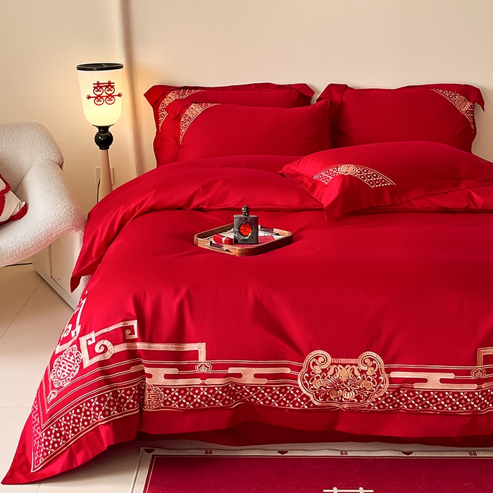 91家纺网 家纺一手货源 找家纺 置顶家纺 2025新款亲肤磨毛刺绣婚庆四件套系列-实拍 囍结良缘-大红