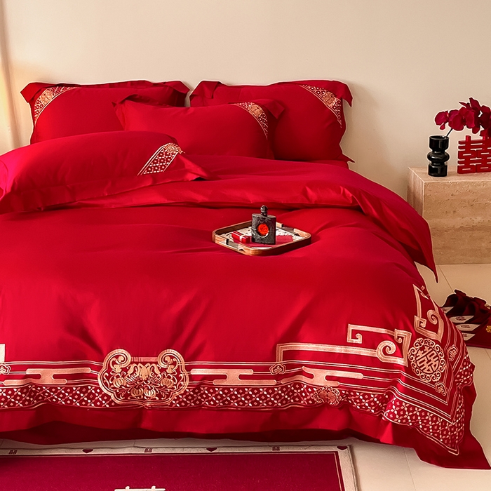 91家纺网 家纺一手货源 找家纺 置顶家纺 2025新款亲肤磨毛刺绣婚庆四件套系列-实拍 囍结良缘-大红