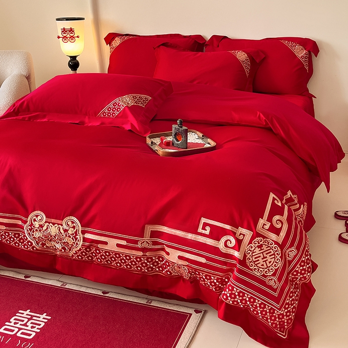 91家纺网 家纺一手货源 找家纺 置顶家纺 2025新款亲肤磨毛刺绣婚庆四件套系列-实拍 囍结良缘-大红