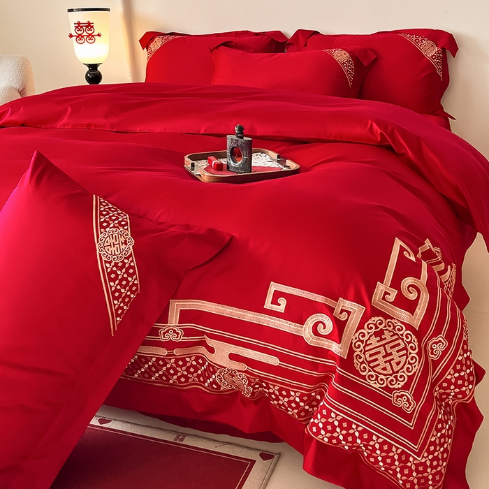 91家纺网 家纺一手货源 找家纺 置顶家纺 2025新款亲肤磨毛刺绣婚庆四件套系列-实拍 囍结良缘-大红