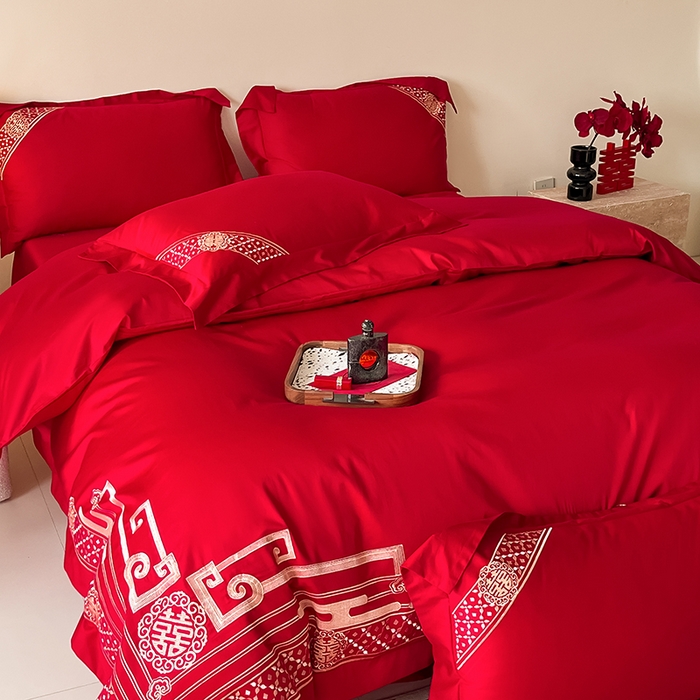 91家纺网 家纺一手货源 找家纺 置顶家纺 2025新款亲肤磨毛刺绣婚庆四件套系列-实拍 囍结良缘-大红