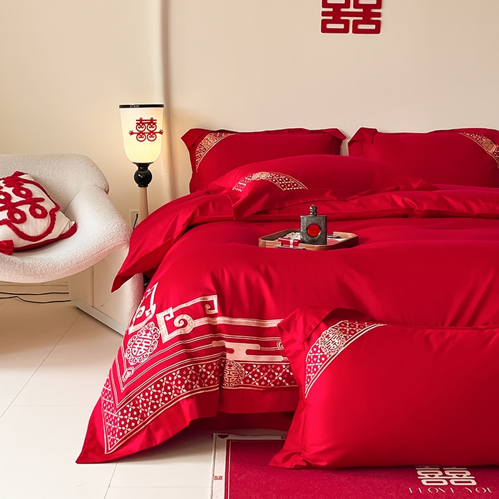 91家纺网 家纺一手货源 找家纺 置顶家纺 2025新款亲肤磨毛刺绣婚庆四件套系列-实拍 囍结良缘-大红