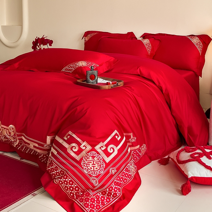 91家纺网 家纺一手货源 找家纺 置顶家纺 2025新款亲肤磨毛刺绣婚庆四件套系列-实拍 囍结良缘-大红