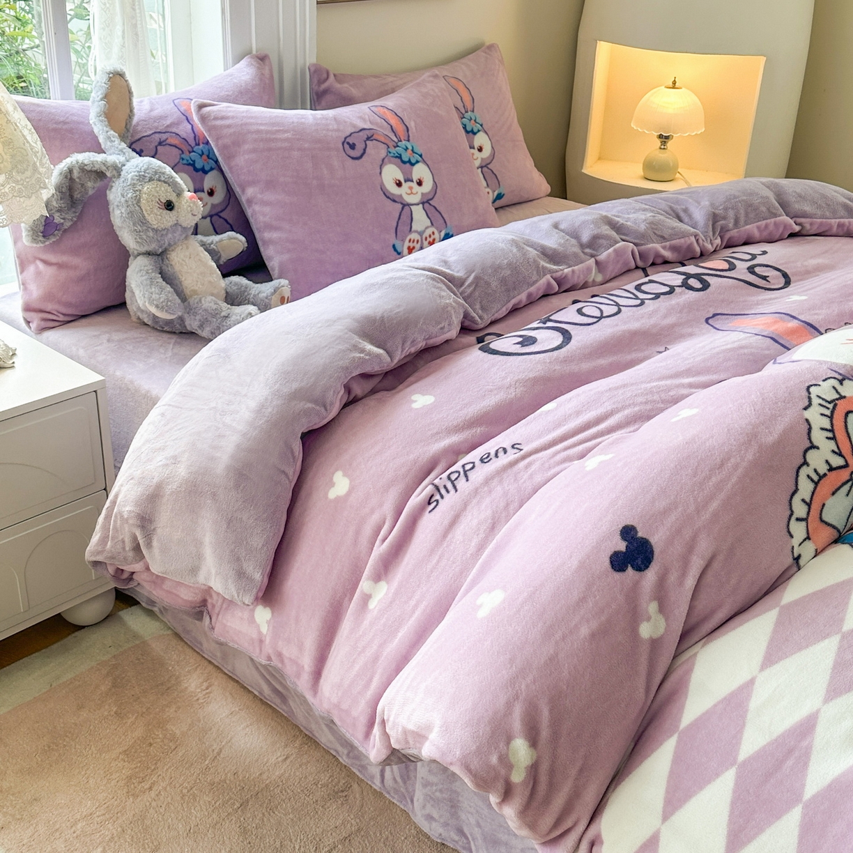 91家纺网 家纺一手货源 找家纺 一电 2025新款冬季双面牛奶珊瑚绒床上四件套法兰绒床品加绒被套床单三件套-第三批 小兔子