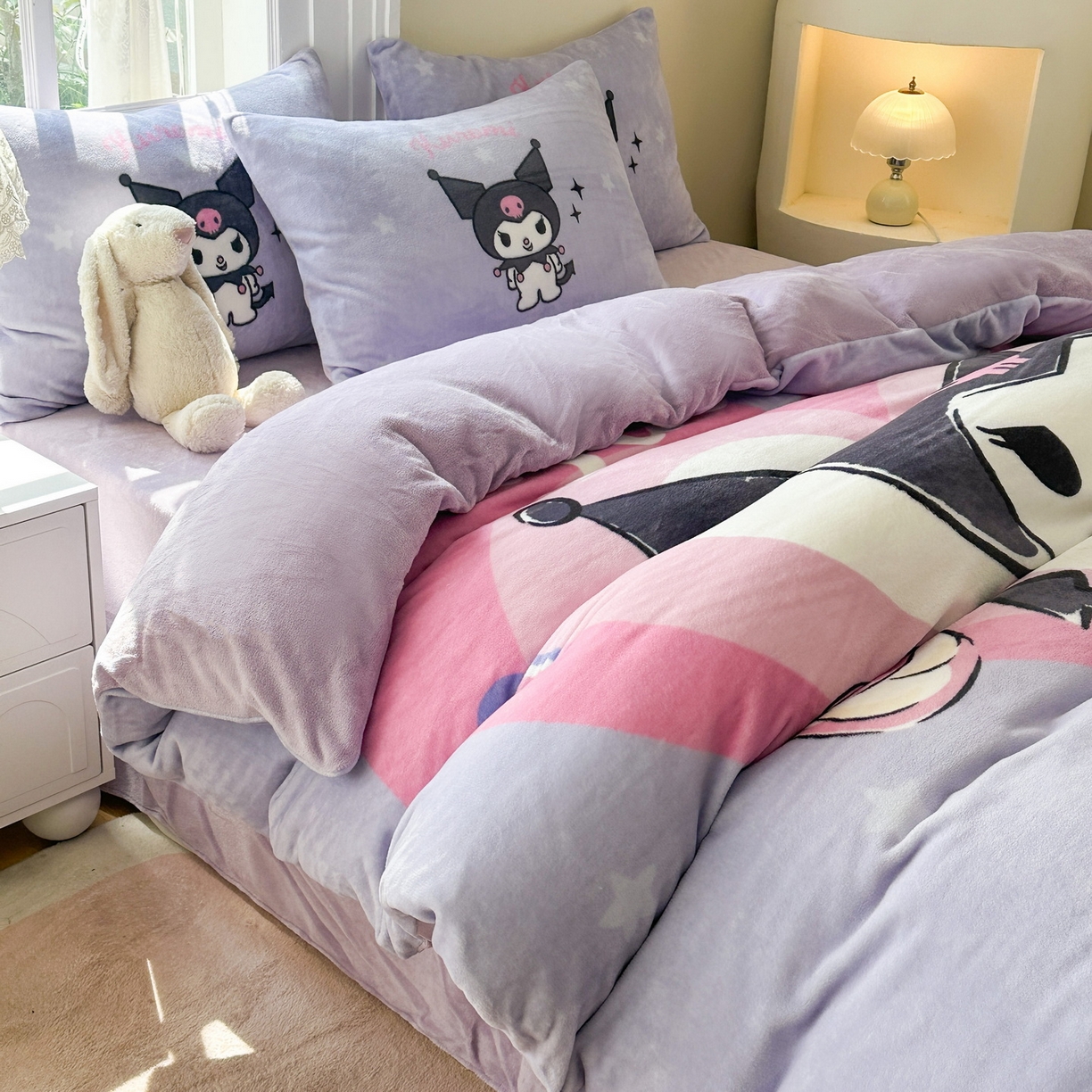 91家纺网 家纺一手货源 找家纺 一电 2025新款冬季双面牛奶珊瑚绒床上四件套法兰绒床品加绒被套床单三件套-第三批 天使库洛米