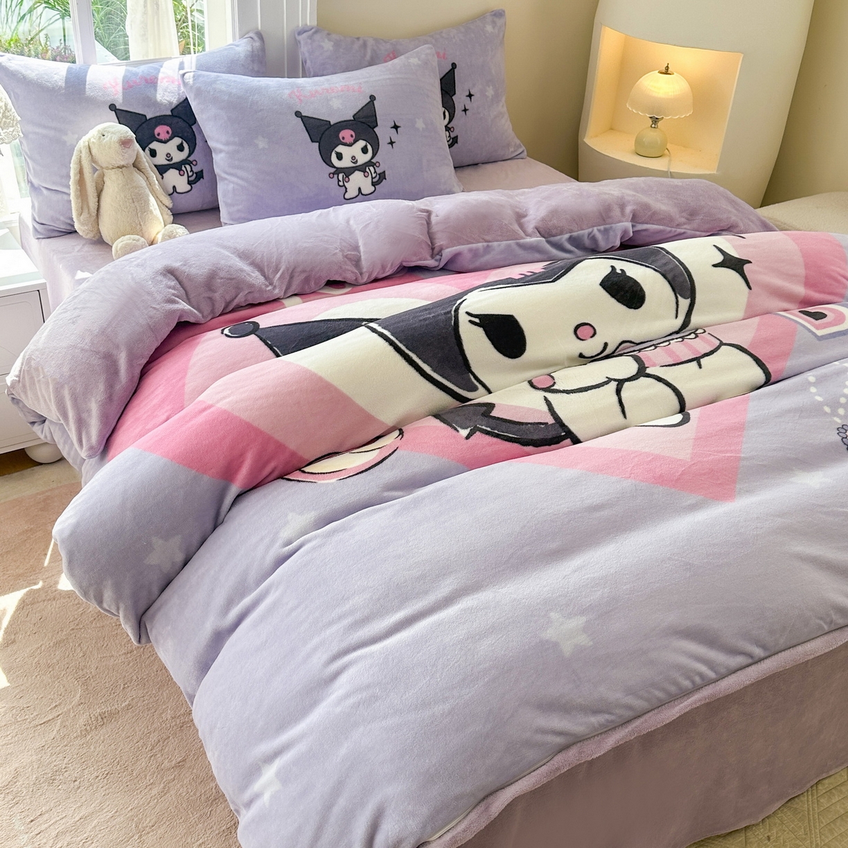 91家纺网 家纺一手货源 找家纺 一电 2025新款冬季双面牛奶珊瑚绒床上四件套法兰绒床品加绒被套床单三件套-第三批 天使库洛米