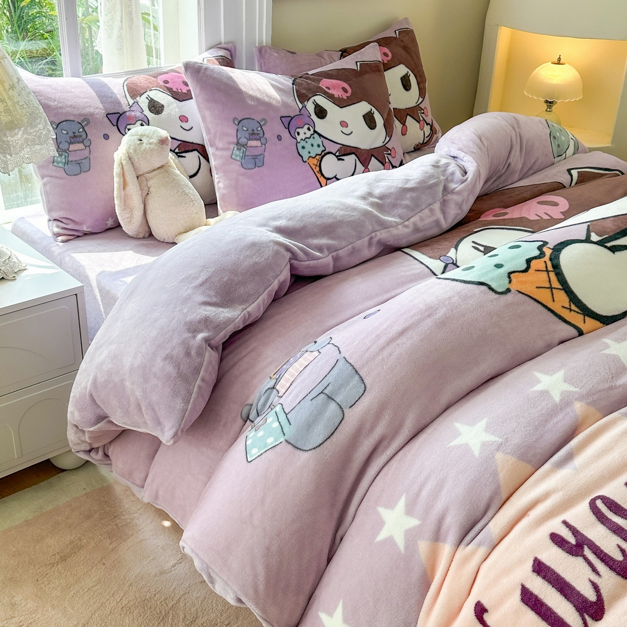 91家纺网 家纺一手货源 找家纺 一电 2025新款冬季双面牛奶珊瑚绒床上四件套法兰绒床品加绒被套床单三件套-第三批 甜筒库洛米