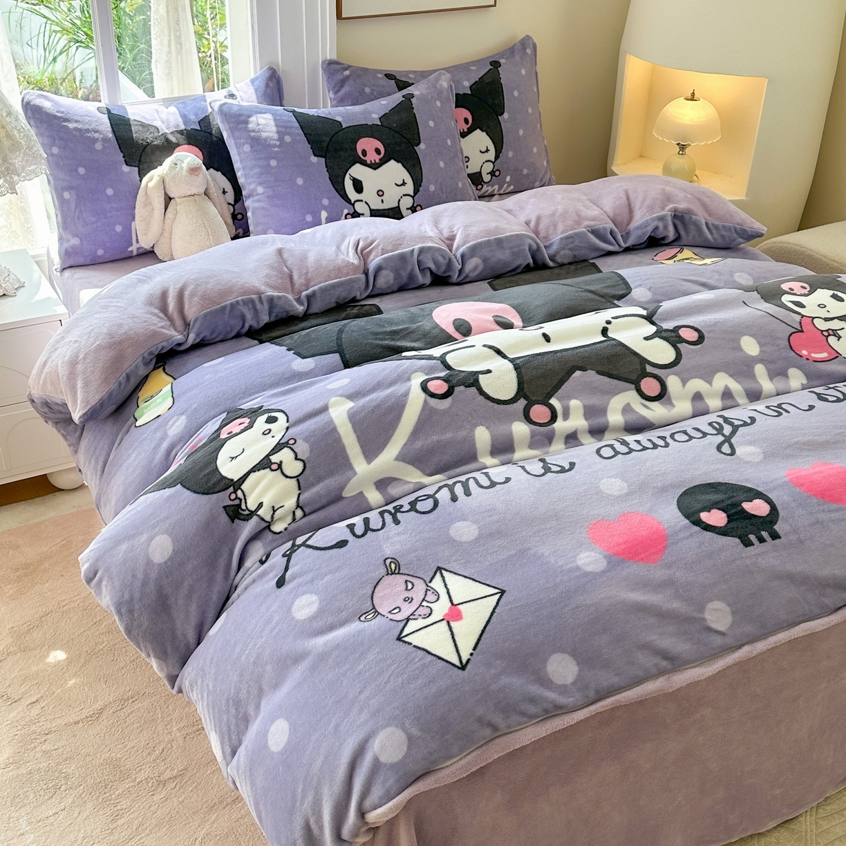 91家纺网 家纺一手货源 找家纺 一电 2025新款冬季双面牛奶珊瑚绒床上四件套法兰绒床品加绒被套床单三件套-第三批 圆点库洛米