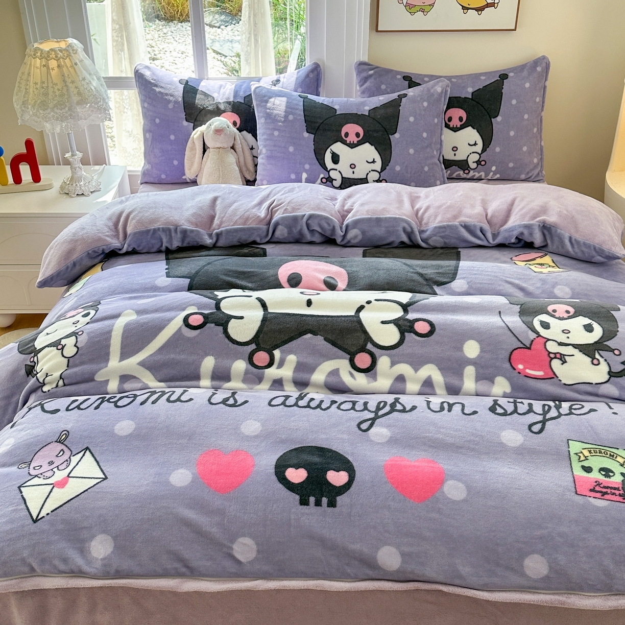 91家纺网 家纺一手货源 找家纺 一电 2025新款冬季双面牛奶珊瑚绒床上四件套法兰绒床品加绒被套床单三件套-第三批 圆点库洛米