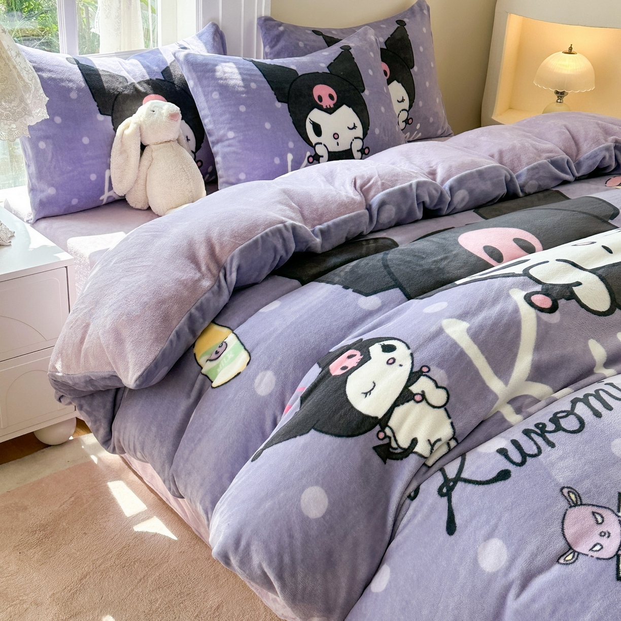 91家纺网 家纺一手货源 找家纺 一电 2025新款冬季双面牛奶珊瑚绒床上四件套法兰绒床品加绒被套床单三件套-第三批 圆点库洛米