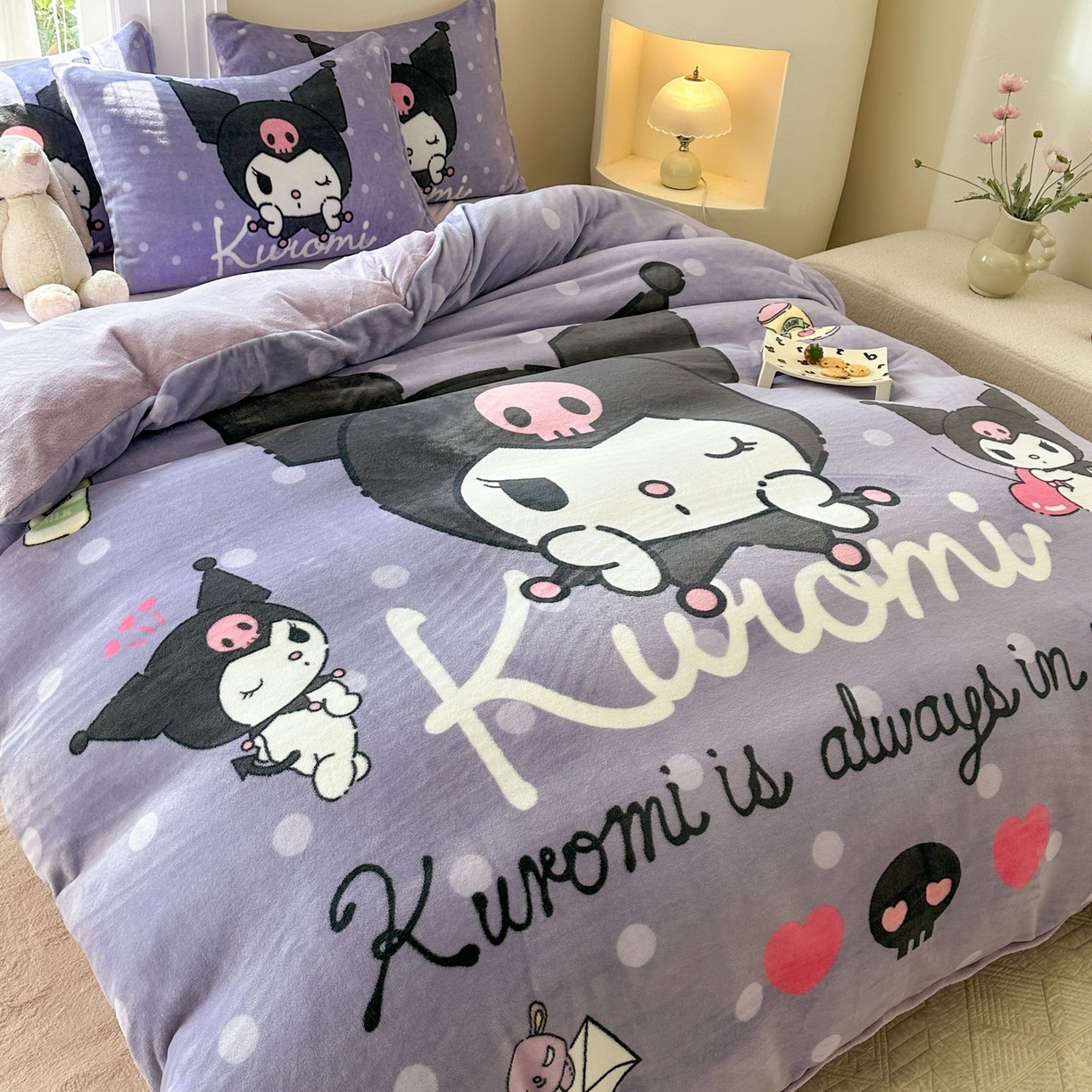 91家纺网 家纺一手货源 找家纺 一电 2025新款冬季双面牛奶珊瑚绒床上四件套法兰绒床品加绒被套床单三件套-第三批 圆点库洛米