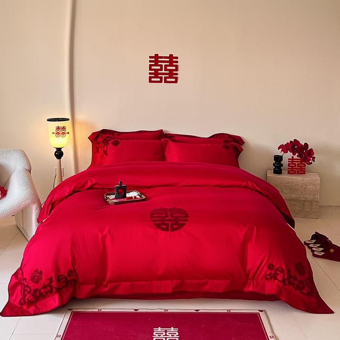 91家纺网 家纺一手货源 找家纺 置顶家纺 2025新款亲肤磨毛刺绣婚庆四件套系列-实拍 囍祥-大红