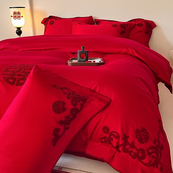 91家纺网 家纺一手货源 找家纺 置顶家纺 2025新款亲肤磨毛刺绣婚庆四件套系列-实拍 囍祥-大红