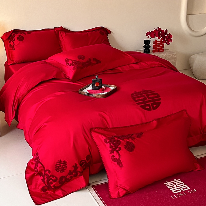 91家纺网 家纺一手货源 找家纺 置顶家纺 2025新款亲肤磨毛刺绣婚庆四件套系列-实拍 囍祥-大红