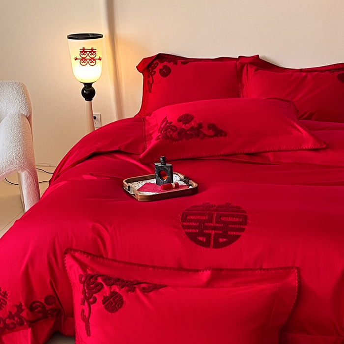 91家纺网 家纺一手货源 找家纺 置顶家纺 2025新款亲肤磨毛刺绣婚庆四件套系列-实拍 囍祥-大红