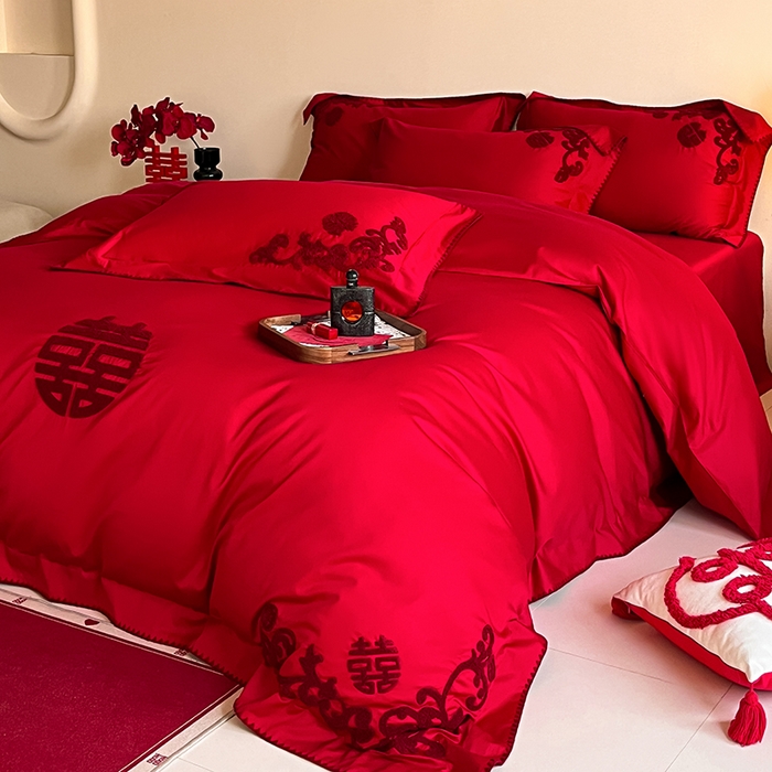 91家纺网 家纺一手货源 找家纺 置顶家纺 2025新款亲肤磨毛刺绣婚庆四件套系列-实拍 囍祥-大红