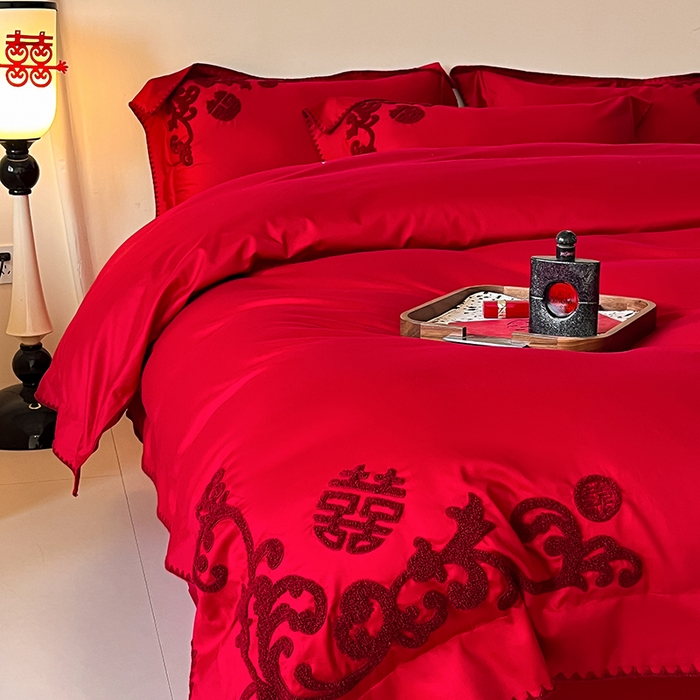 91家纺网 家纺一手货源 找家纺 置顶家纺 2025新款亲肤磨毛刺绣婚庆四件套系列-实拍 囍祥-大红